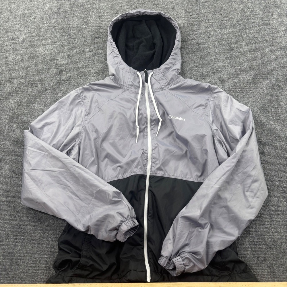 Columbia Windbreaker Jacket Size Medium Grey Black Fleece Lined Hooded Women's - Picture 2 of 7